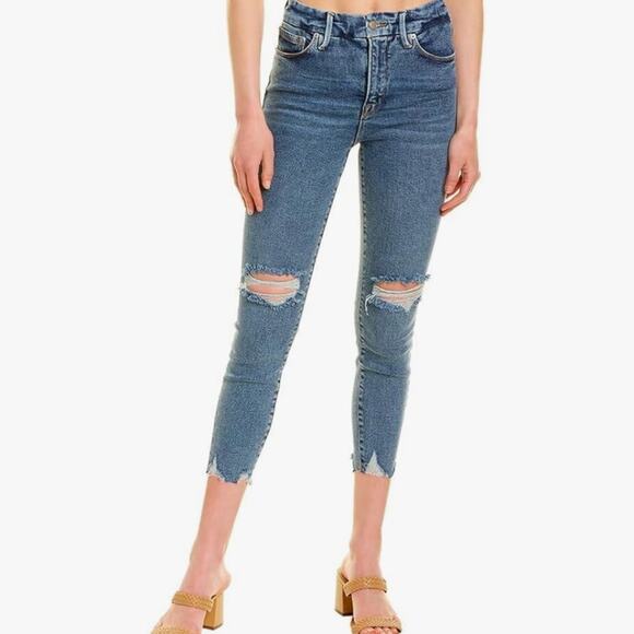 Good American Good Waist Good Crop Jeans Distressed Medium Wash Size 6 - Picture 1 of 15